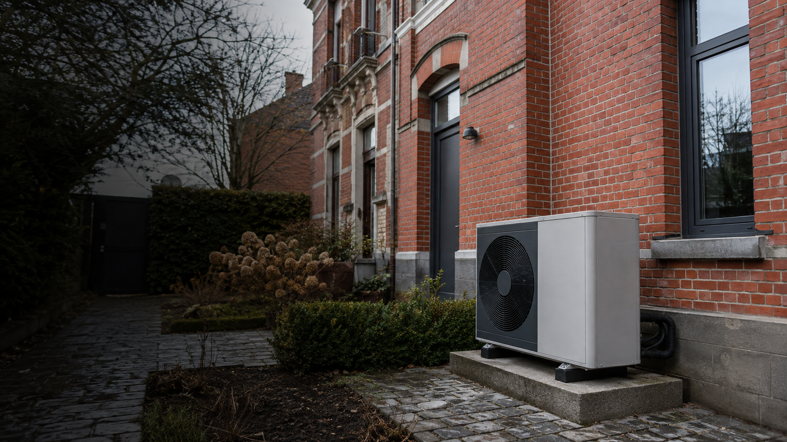 Pompe à chaleur devant une maison en brique à Roubaix